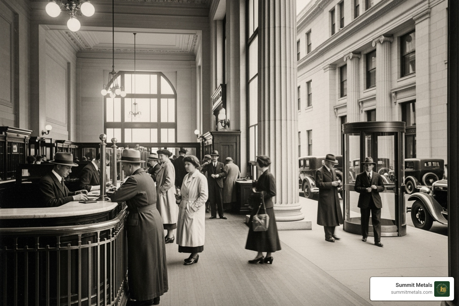 historical photo depicting a bank during the 1930s - $5 gold liberty head