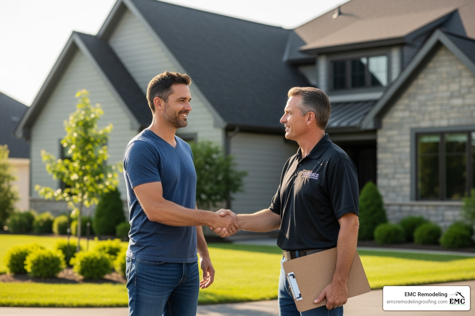 homeowner shaking hands with a roofer - roofing repair companies nearby homeowner shaking hands with a roofer - roofing repair companies nearby