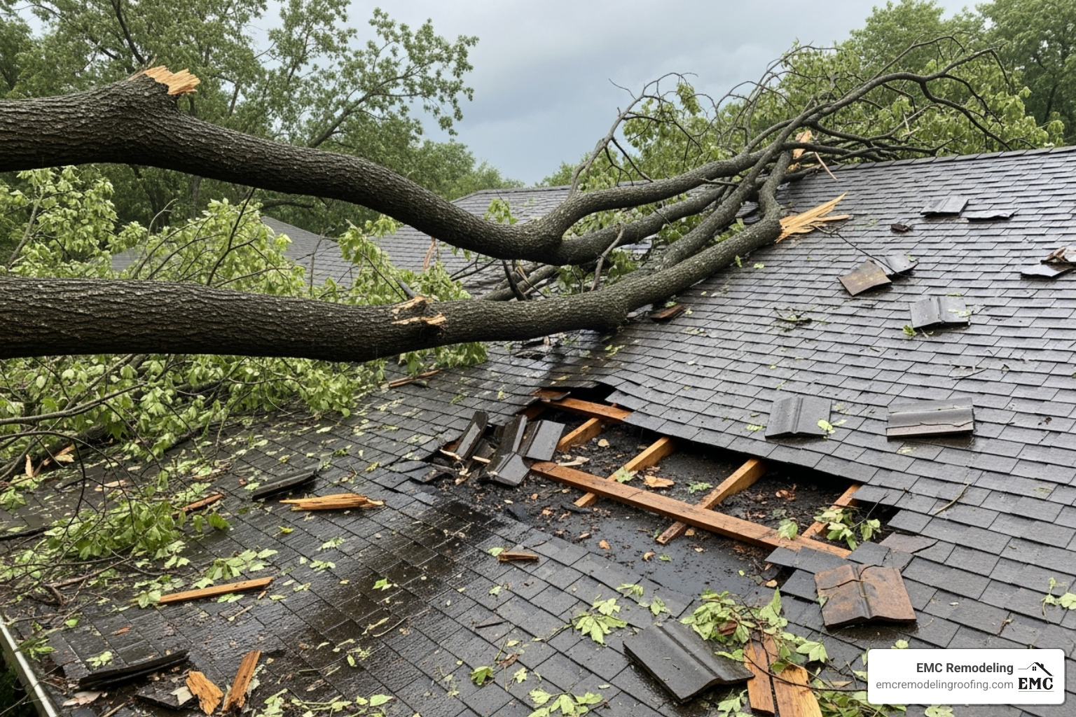 roof with storm damage from a fallen branch - roofing repair companies nearby roof with storm damage from a fallen branch - roofing repair companies nearby