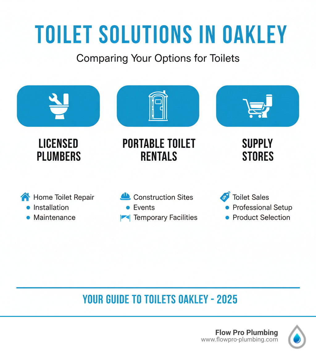 Comparison infographic showing three columns: Licensed Plumbers (home toilet repair, installation, maintenance), Portable Toilet Rentals (construction sites, events, temporary facilities), and Supply Stores with Installation (toilet sales, professional setup, product selection) - toilets Oakley infographic Comparison infographic showing three columns: Licensed Plumbers (home toilet repair, installation, maintenance), Portable Toilet Rentals (construction sites, events, temporary facilities), and Supply Stores with Installation (toilet sales, professional setup, product selection) - toilets Oakley infographic