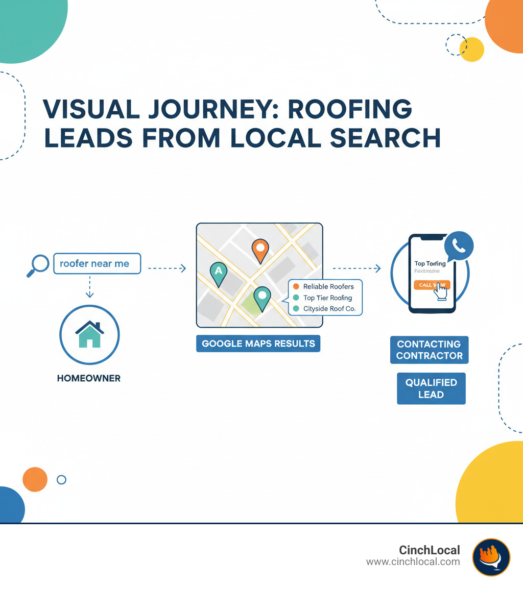 Visual journey showing homeowner searching 'roofer near me' progressing through Google Maps results to contacting a local roofing contractor, with map interface and phone call icons - expert google maps seo infographic 