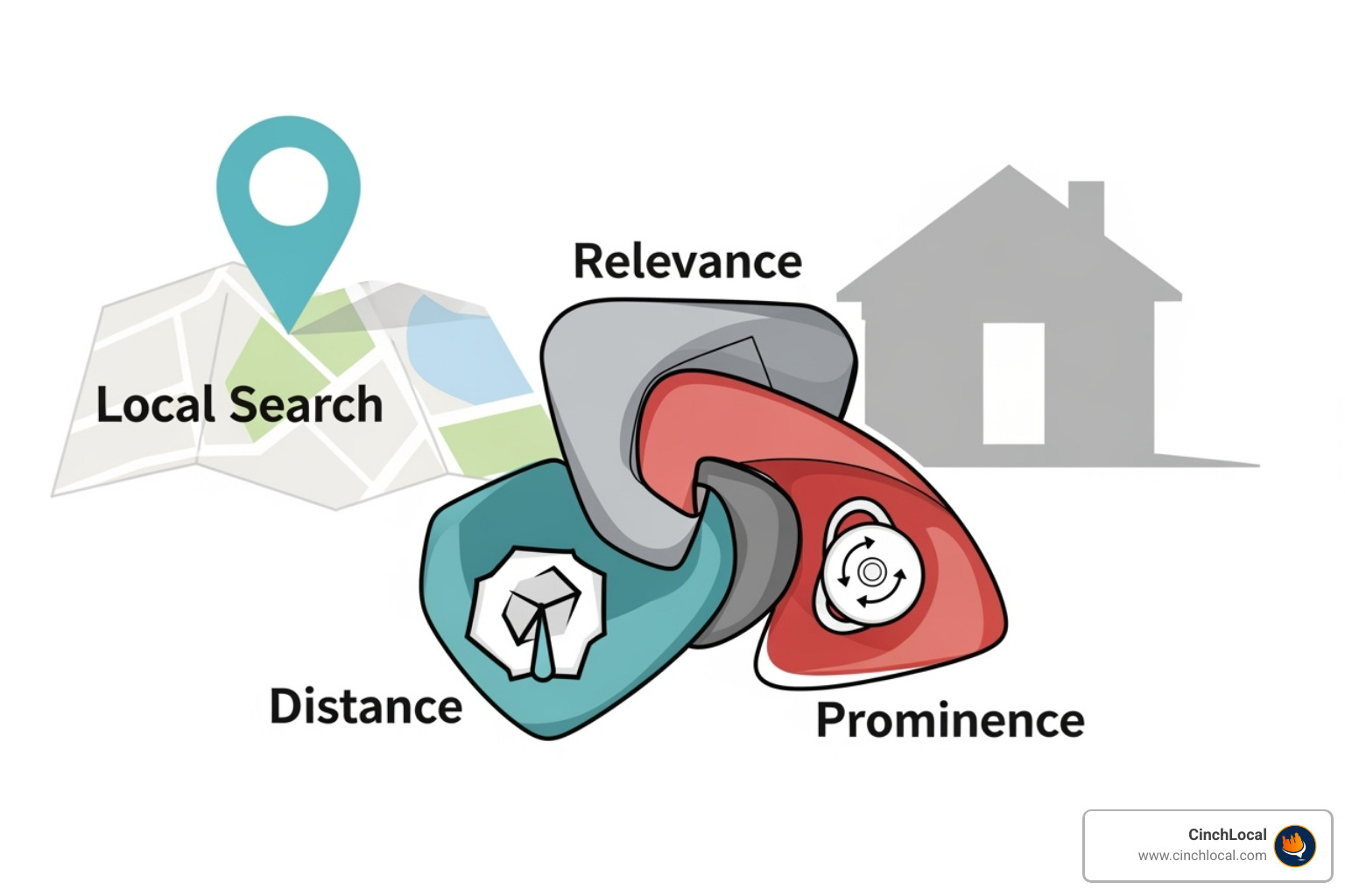 Diagram showing Google's three core local ranking factors: Relevance, Distance, and Prominence for roofing businesses - expert google maps seo