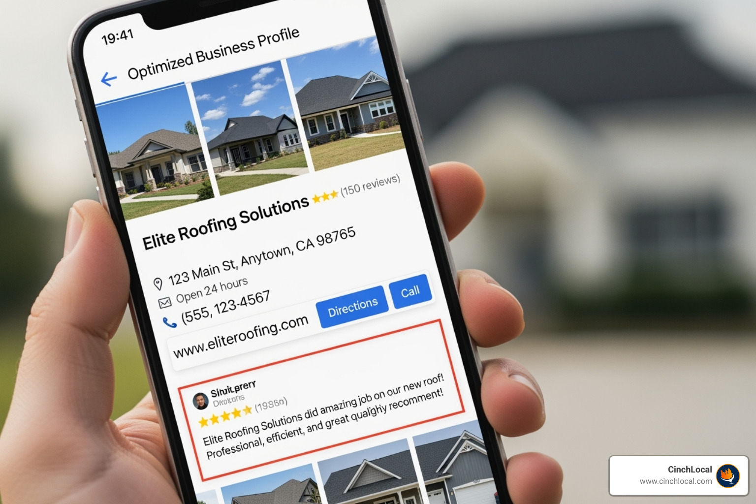 Optimized Google Business Profile for a roofing company displayed on a smartphone, showing complete and accurate info - expert google maps seo