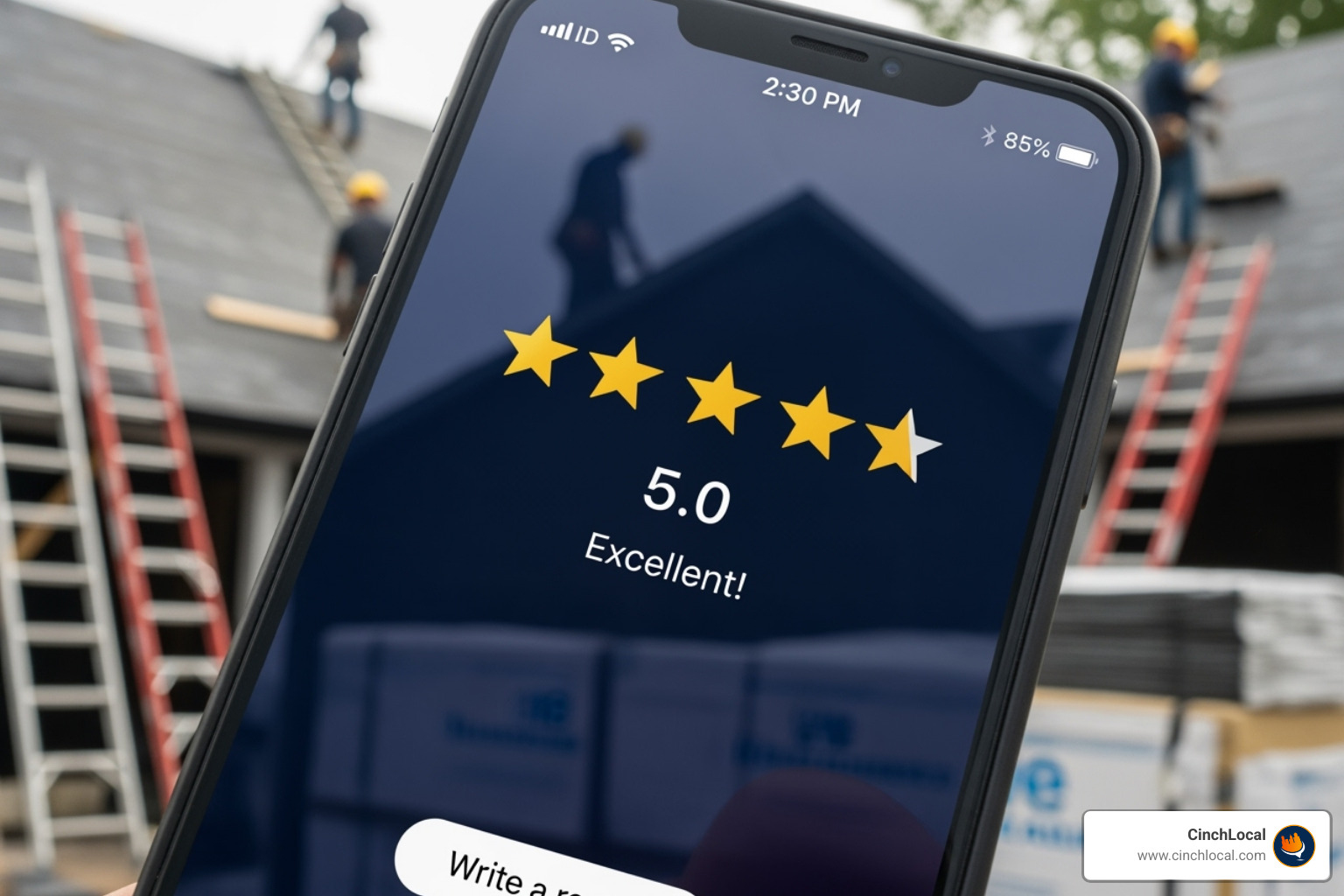 Screenshot of a 5-star review for a roofing company, emphasizing the importance of online reputation - expert google maps seo