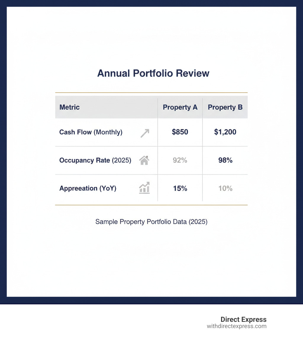 table comparing key performance metrics for a sample property portfolio - Real estate portfolio growth infographic 