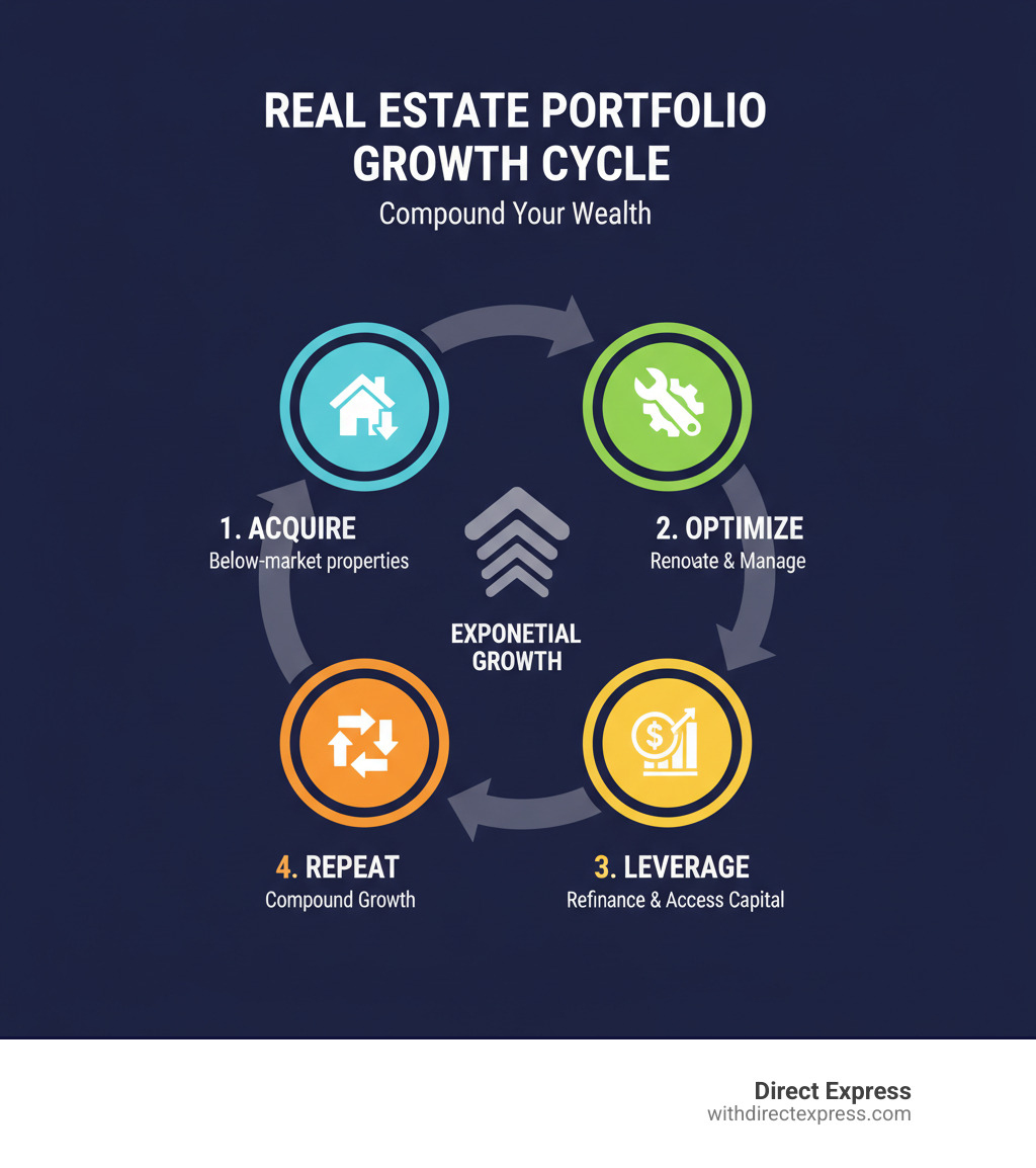 Infographic showing the real estate portfolio growth cycle with four connected stages: Acquire properties at below-market value, Optimize through renovations and improved management, Leverage equity through refinancing to access capital, and Repeat the process to compound growth exponentially - Real estate portfolio growth infographic 