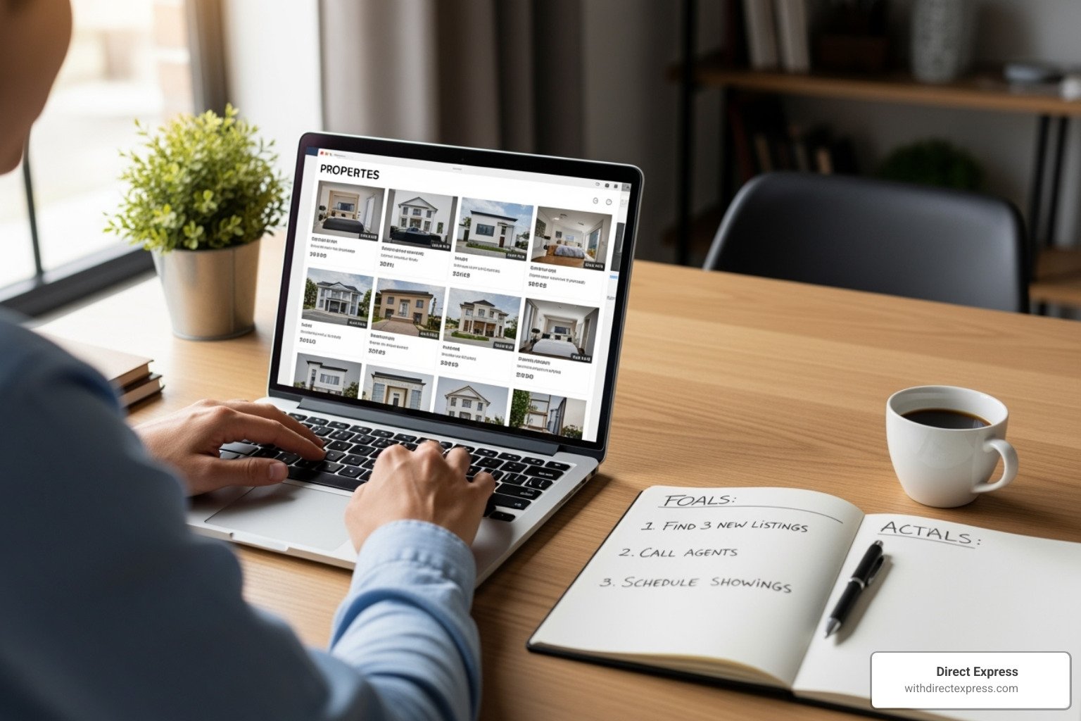 a person at a desk with a laptop showing property listings and a notepad with written goals - Real estate portfolio growth