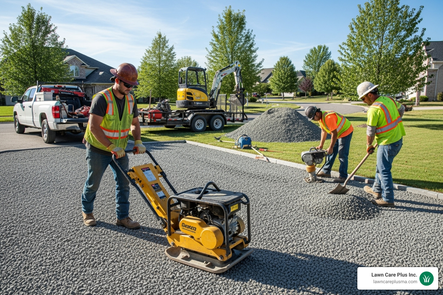 work crew compacting gravel - replace driveway