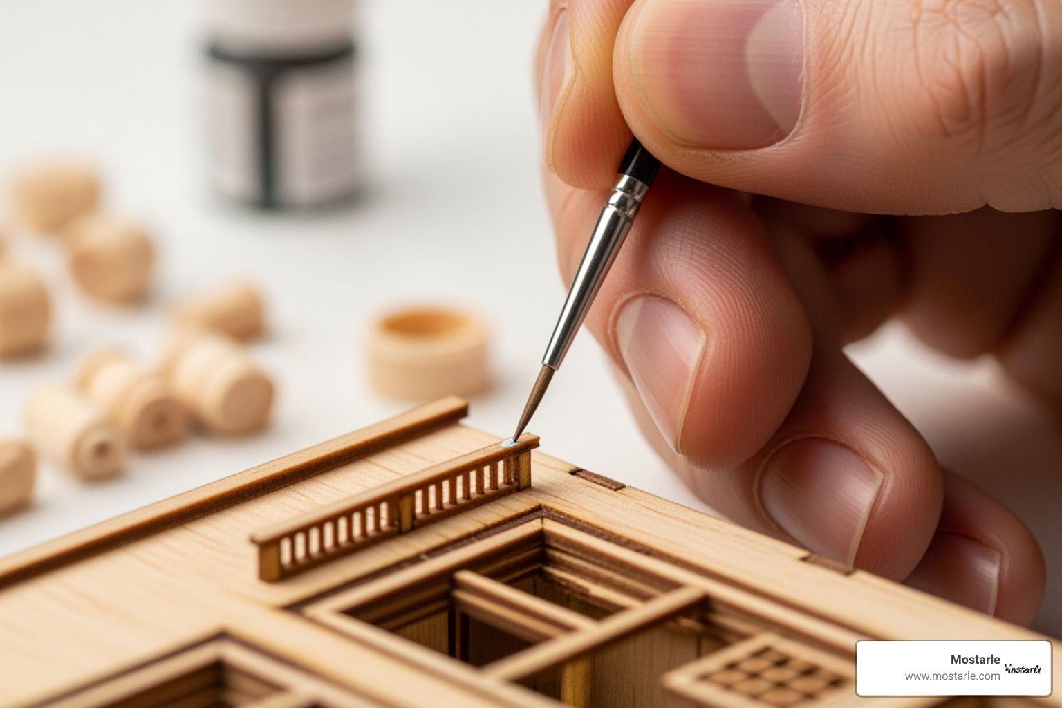 A person carefully painting a small detail on a Mostarle wooden model. - wooden model kits