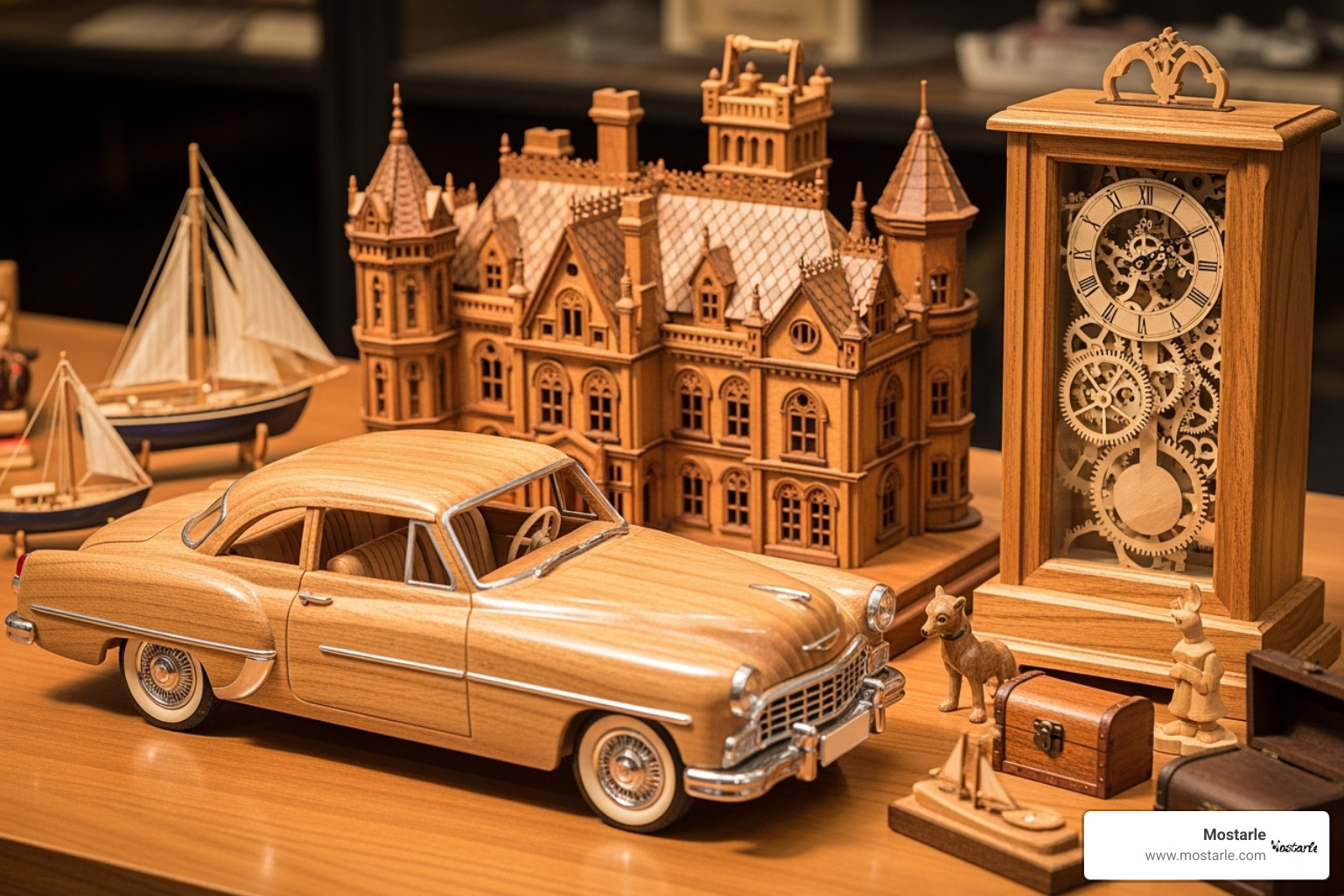 A variety of completed Mostarle wooden models, such as a car, a building, and a mechanical clock. - wooden model kits