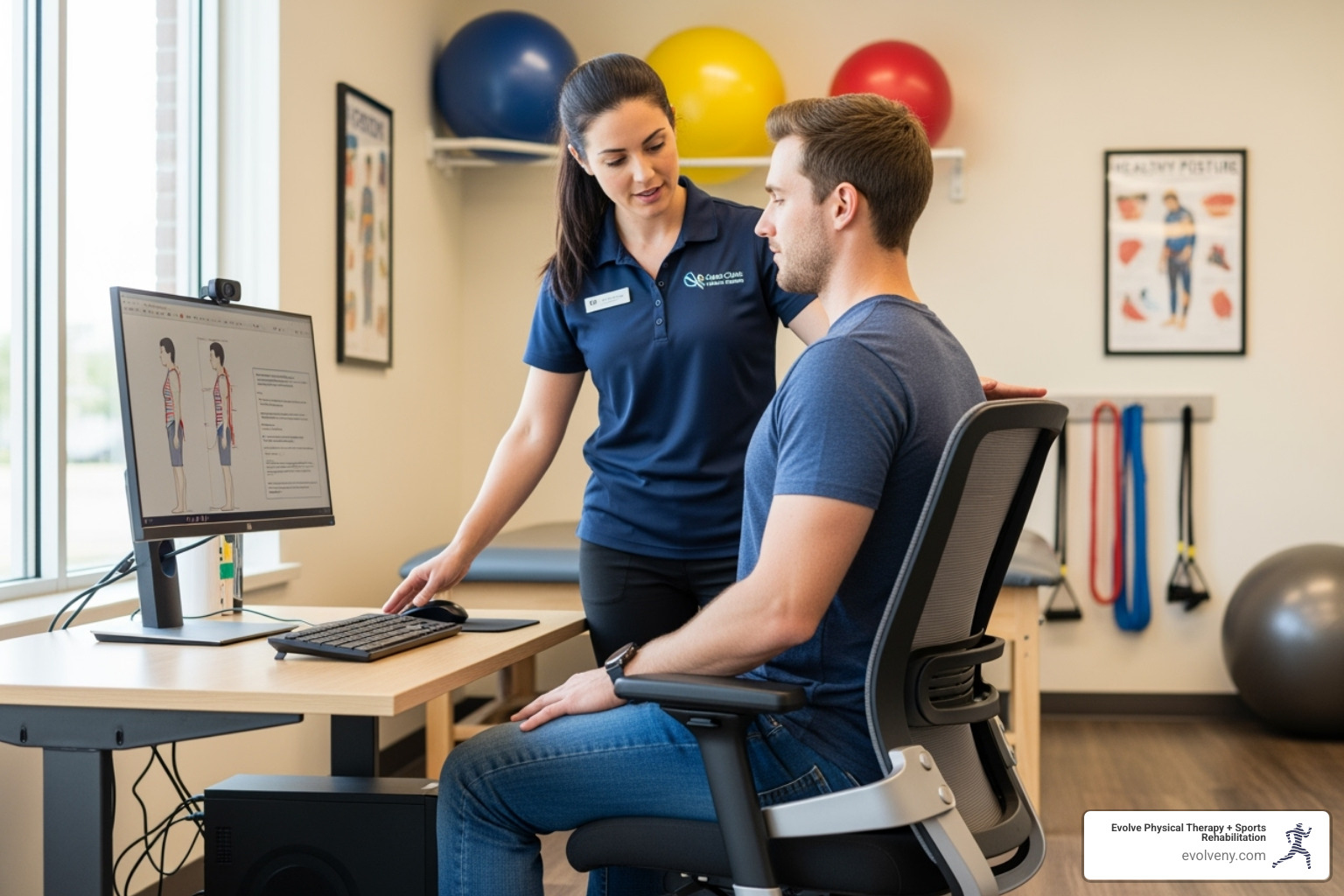 A physical therapist in a clinical setting assisting a patient with proper ergonomic chair adjustments and demonstrating correct posture - desk posture ergonomics A physical therapist in a clinical setting assisting a patient with proper ergonomic chair adjustments and demonstrating correct posture - desk posture ergonomics