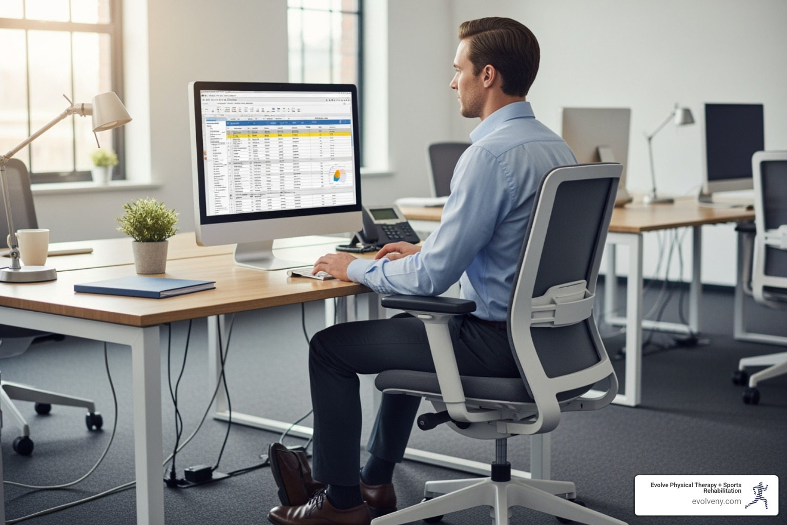 A person sitting at a desk with proper 90-90-90 posture, highlighting the angles at the hips, knees, and elbows - desk posture ergonomics A person sitting at a desk with proper 90-90-90 posture, highlighting the angles at the hips, knees, and elbows - desk posture ergonomics