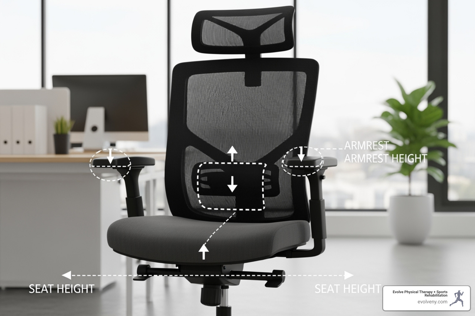 An ergonomic office chair with various adjustment points highlighted, such as seat height, seat depth, lumbar support, and armrests - desk posture ergonomics An ergonomic office chair with various adjustment points highlighted, such as seat height, seat depth, lumbar support, and armrests - desk posture ergonomics