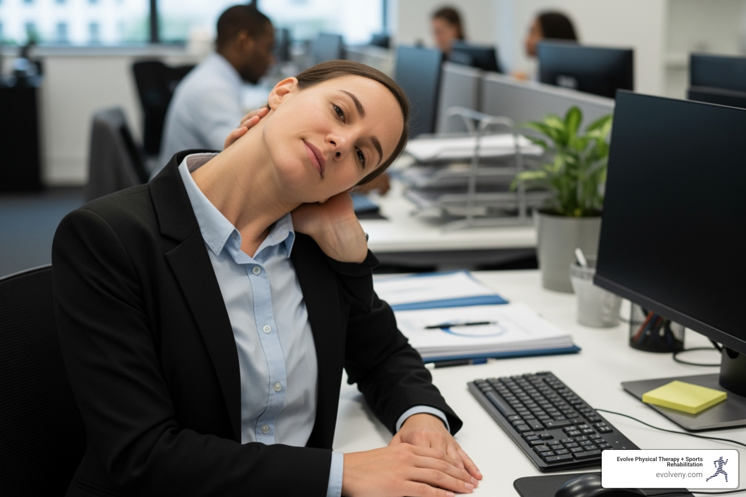 Simple office stretches that can be done at a desk, including neck tilts, shoulder rolls, and wrist stretches - desk posture ergonomics Simple office stretches that can be done at a desk, including neck tilts, shoulder rolls, and wrist stretches - desk posture ergonomics