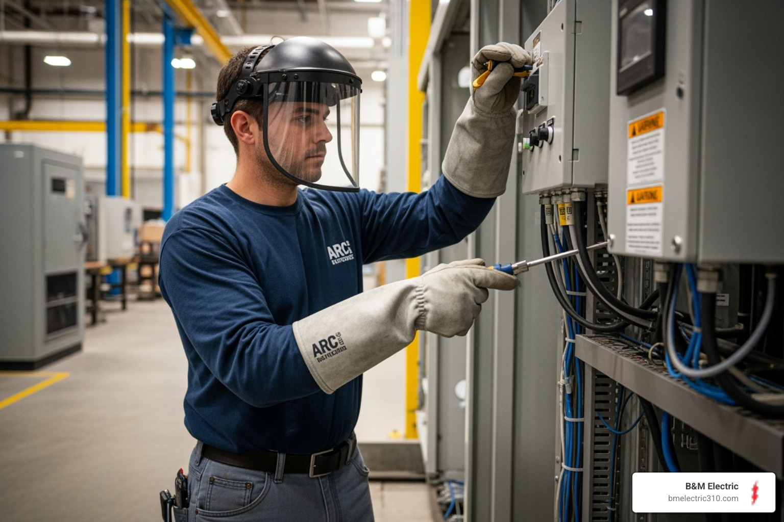 Employee wearing appropriate arc flash PPE - Electrical safety for businesses