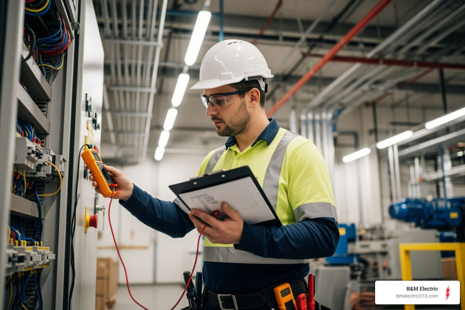 Qualified electrician performing an inspection with a checklist - Electrical safety for businesses