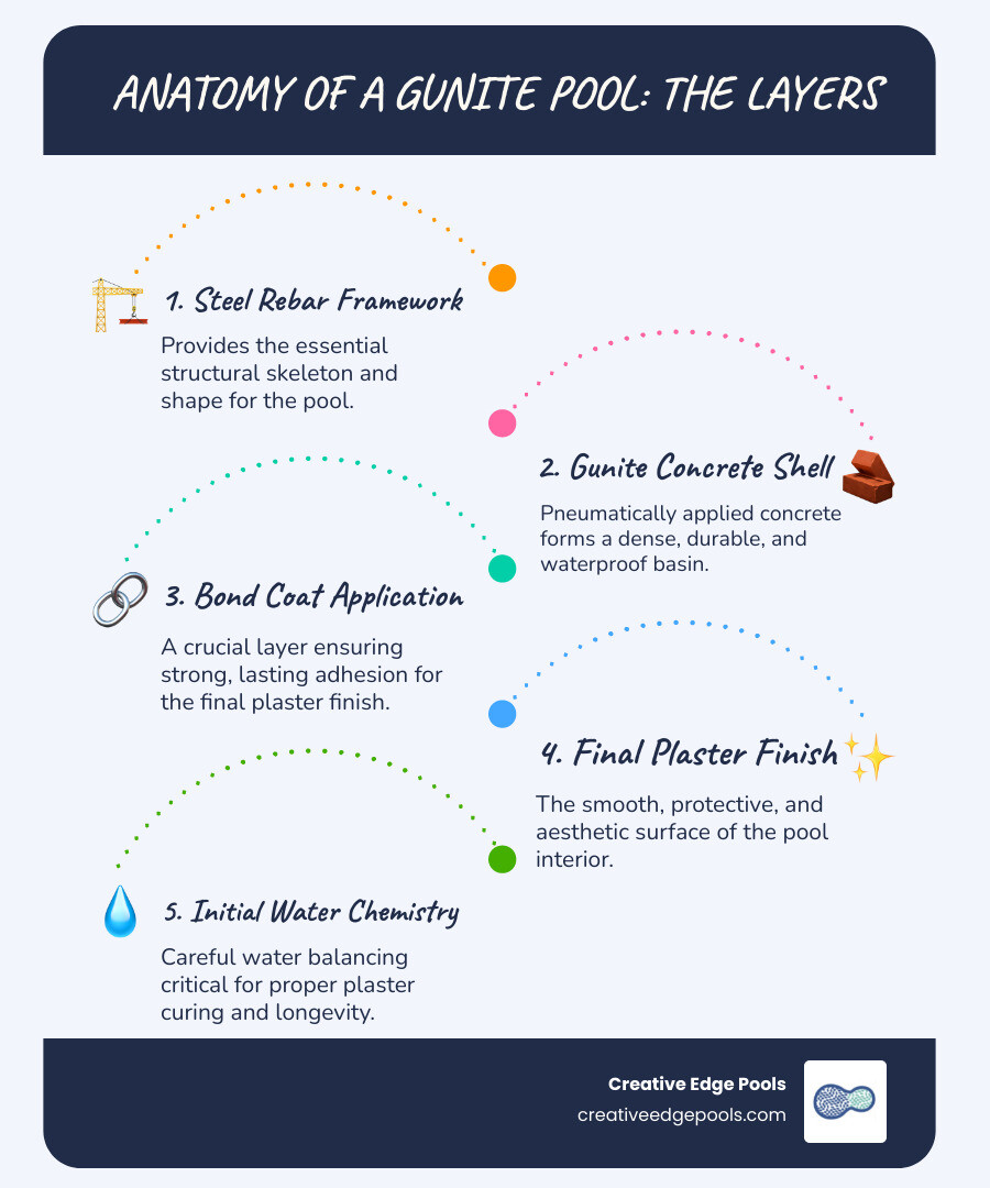Detailed infographic showing the cross-section layers of a gunite pool construction, from steel rebar framework and concrete shell to bond coat and final plaster finish with water chemistry requirements - Professional pool plastering infographic infographic-line-5-steps-blues-accent_colors