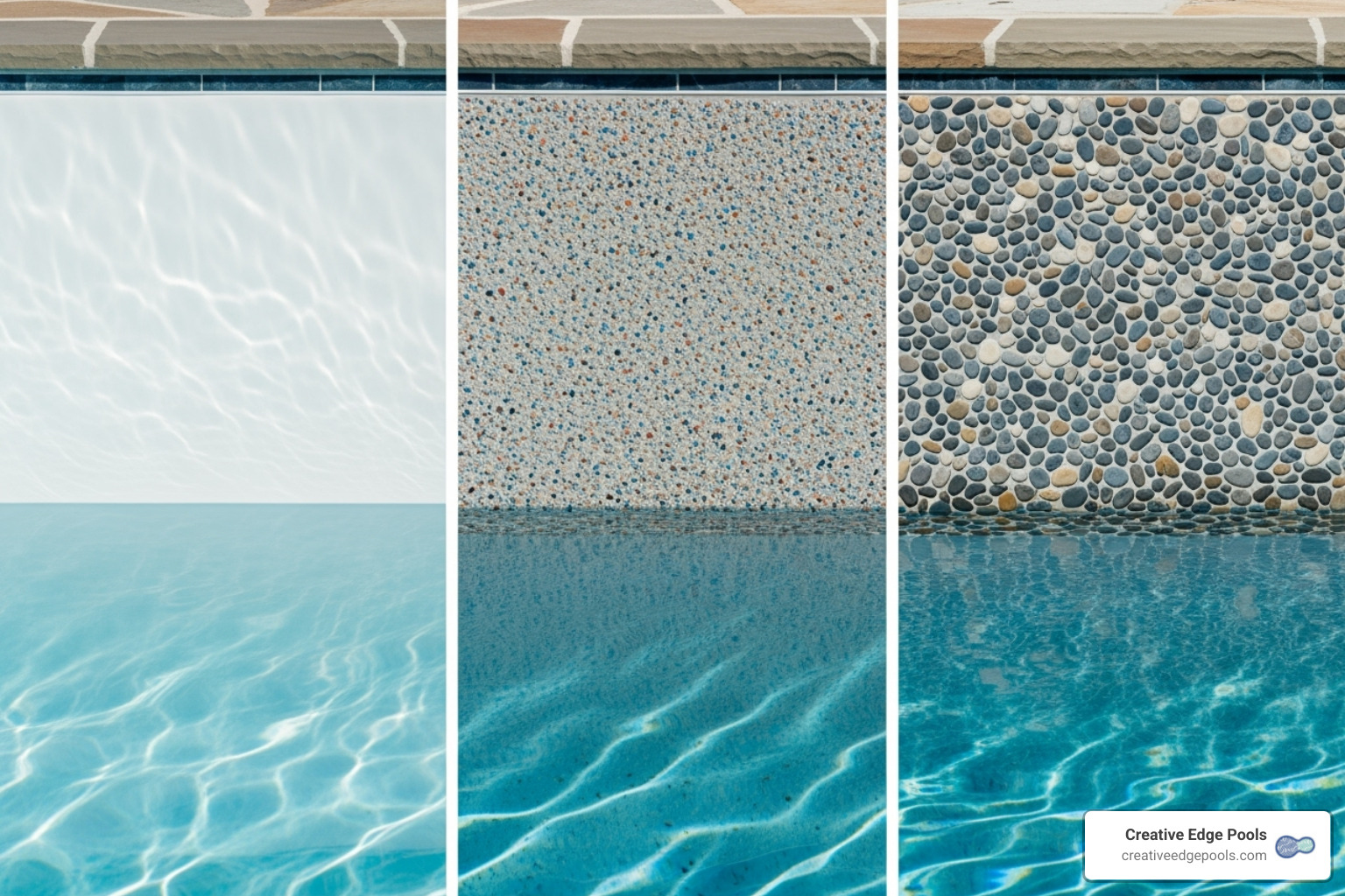 Side-by-side comparison of different pool plaster textures, like smooth white plaster, speckled quartz, and bumpy pebble - Professional pool plastering