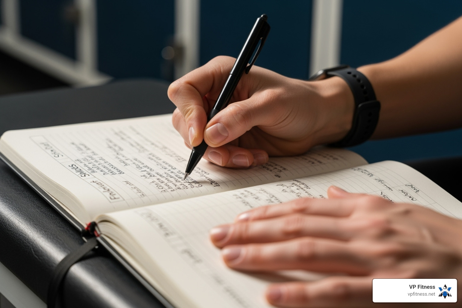 person writing in fitness journal - consistent gym routine
