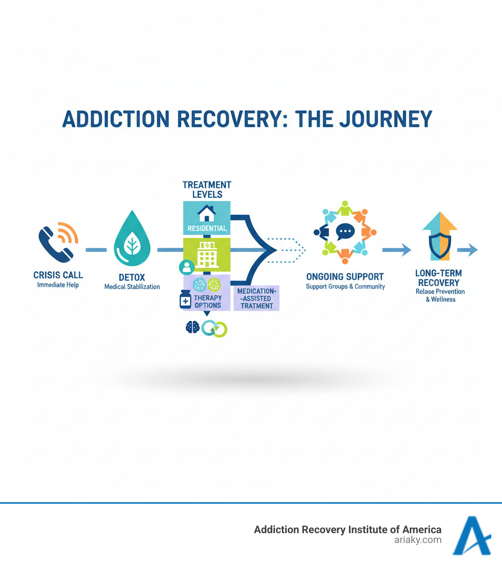 infographic showing the complete addiction recovery pathway from initial crisis call through detox, treatment levels including residential and outpatient programs, therapy options, medication-assisted treatment, ongoing support groups, and long-term recovery maintenance with relapse prevention strategies - drug problem help infographic  infographic showing the complete addiction recovery pathway from initial crisis call through detox, treatment levels including residential and outpatient programs, therapy options, medication-assisted treatment, ongoing support groups, and long-term recovery maintenance with relapse prevention strategies - drug problem help infographic