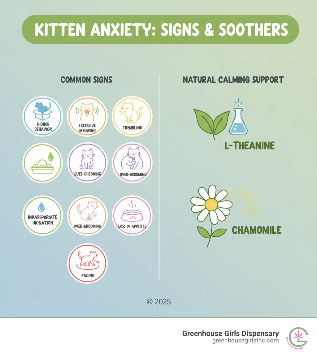 Infographic showing common signs of kitten anxiety including hiding behavior, excessive meowing, trembling, inappropriate urination, over-grooming, loss of appetite, and pacing, with natural calming ingredients like L-theanine and chamomile illustrated alongside - calming treats for kittens infographic 