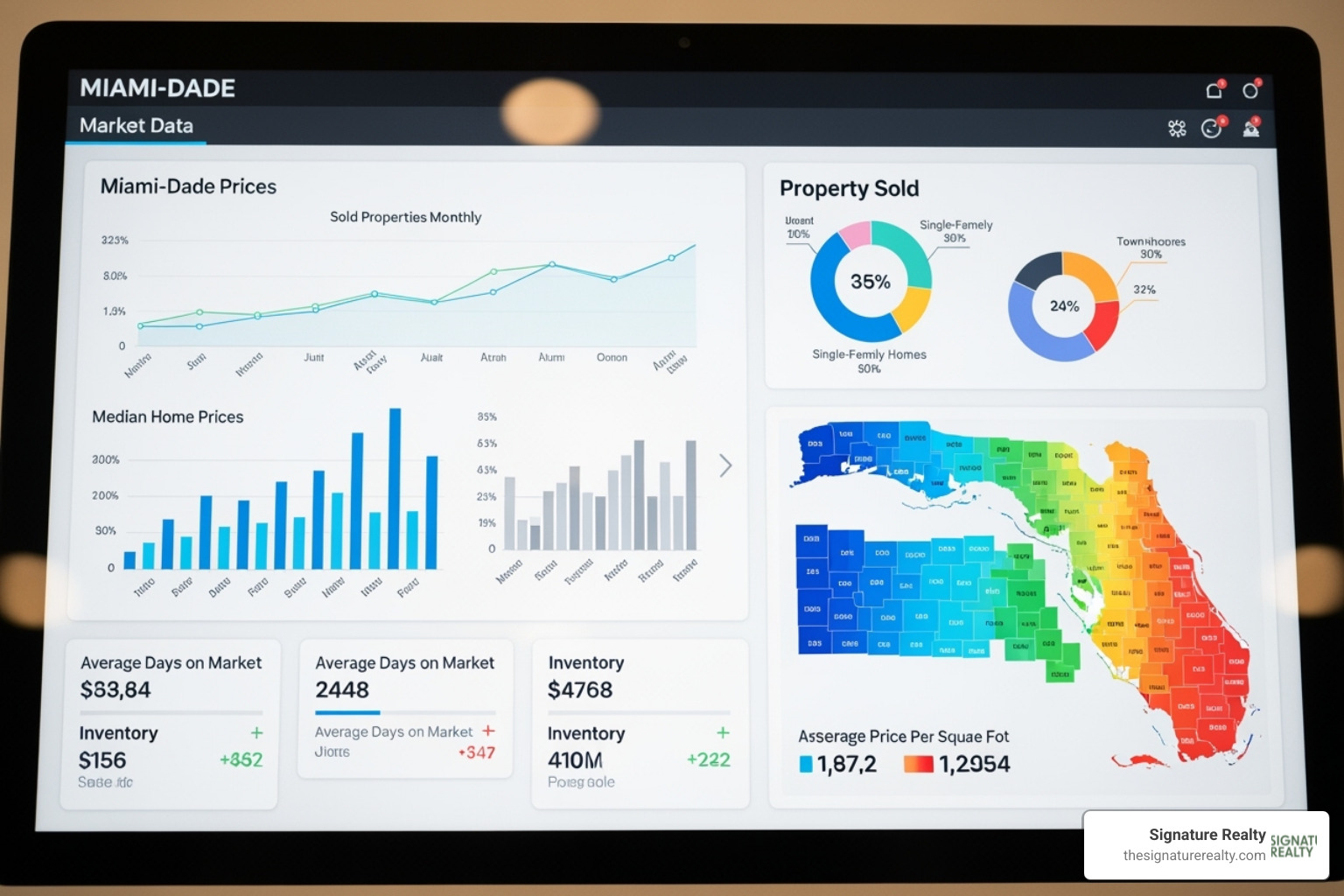 of a real estate market data dashboard showing Miami-Dade stats - commercial property negotiation tips of a real estate market data dashboard showing Miami-Dade stats - commercial property negotiation tips
