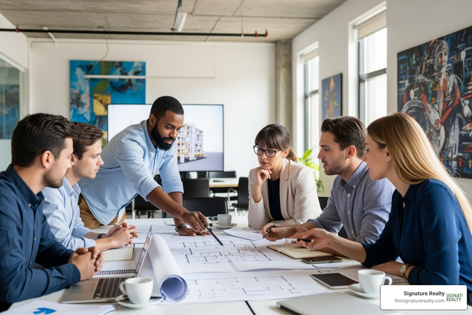 of a team meeting discussing blueprints in a Wynwood office - commercial property negotiation tips of a team meeting discussing blueprints in a Wynwood office - commercial property negotiation tips