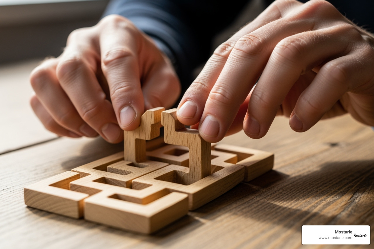 someone solving a wooden interlocking puzzle - stocking filler puzzles for adults