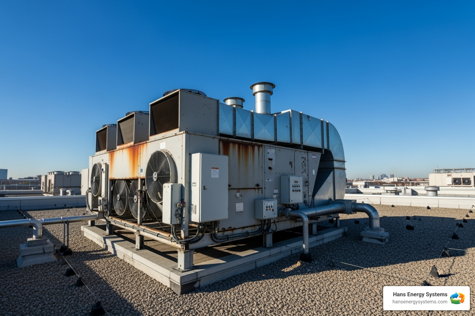 A large commercial rooftop HVAC unit against a clear sky - Commercial AC installation A large commercial rooftop HVAC unit against a clear sky - Commercial AC installation
