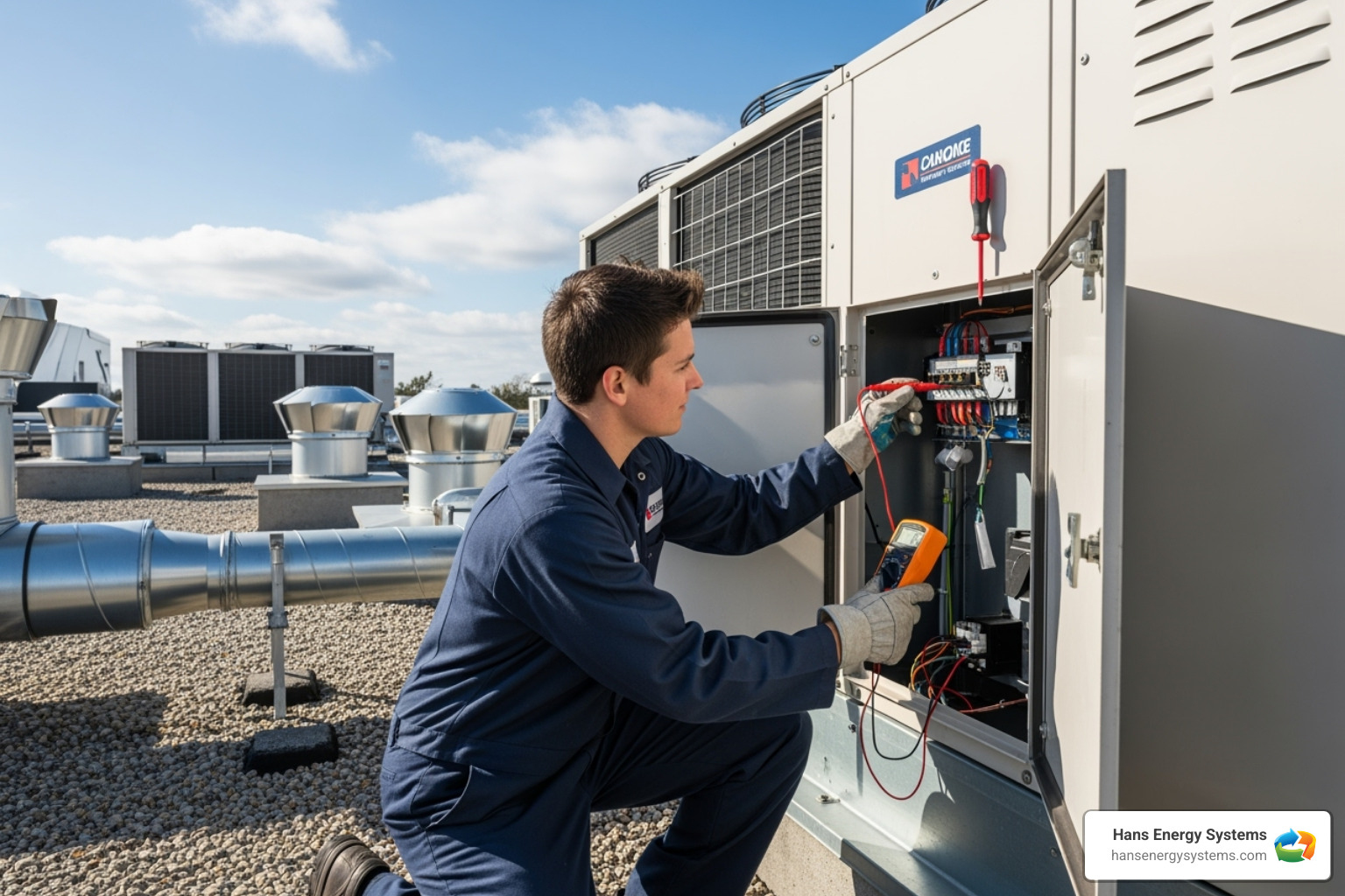 A technician performing maintenance on a commercial AC unit, checking connections - Commercial AC installation A technician performing maintenance on a commercial AC unit, checking connections - Commercial AC installation