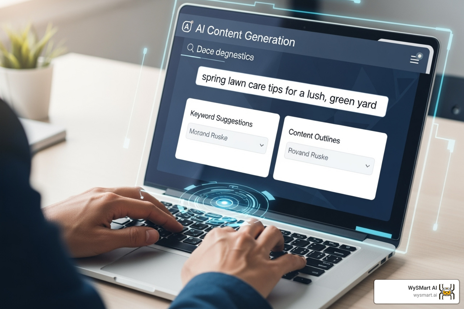 A user typing a detailed prompt into WySMart AI's content tool, requesting a blog post about "spring lawn care tips for a lush, green yard in Wyoming," with the AI interface showing relevant keyword suggestions and content outlines. - landscaping companies - ai chat & lead engagement