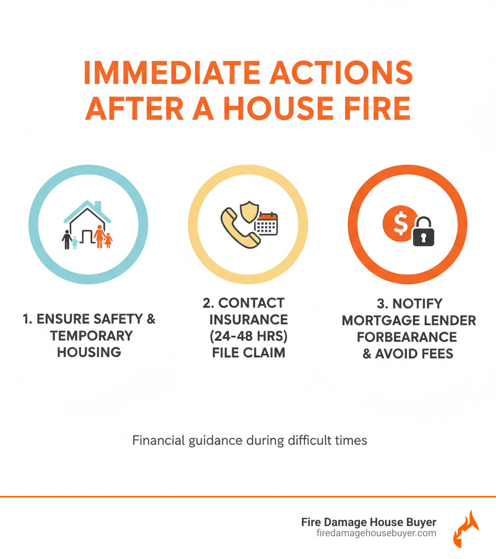 Infographic showing three immediate actions after a house fire: 1. Ensure family safety and find temporary housing, 2. Contact insurance company within 24-48 hours to file claim, 3. Notify mortgage lender to discuss forbearance options and avoid late fees - what happens to your mortgage if your house burns down​ infographic 