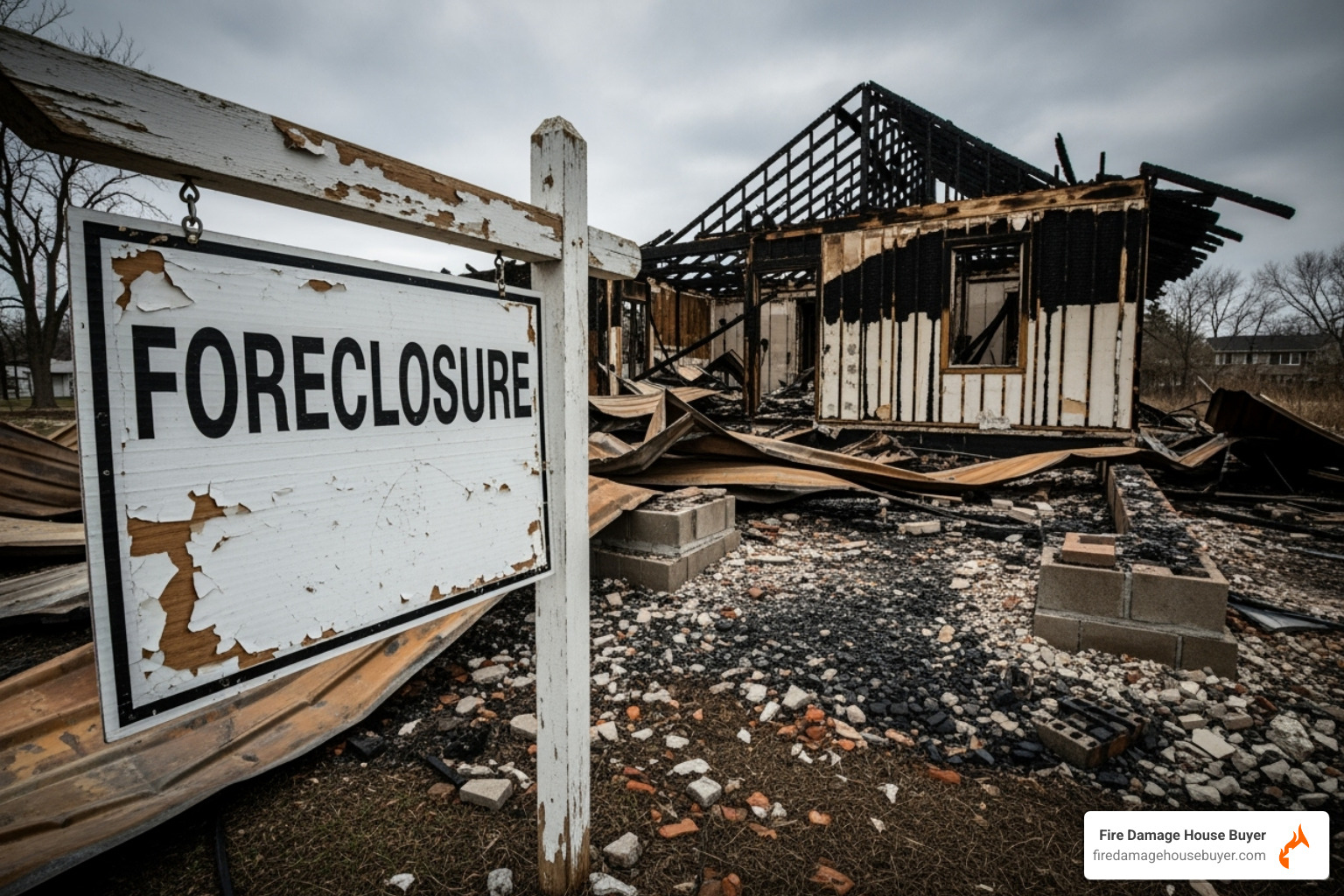 foreclosure sign in front of a burnt lot - what happens to your mortgage if your house burns down​