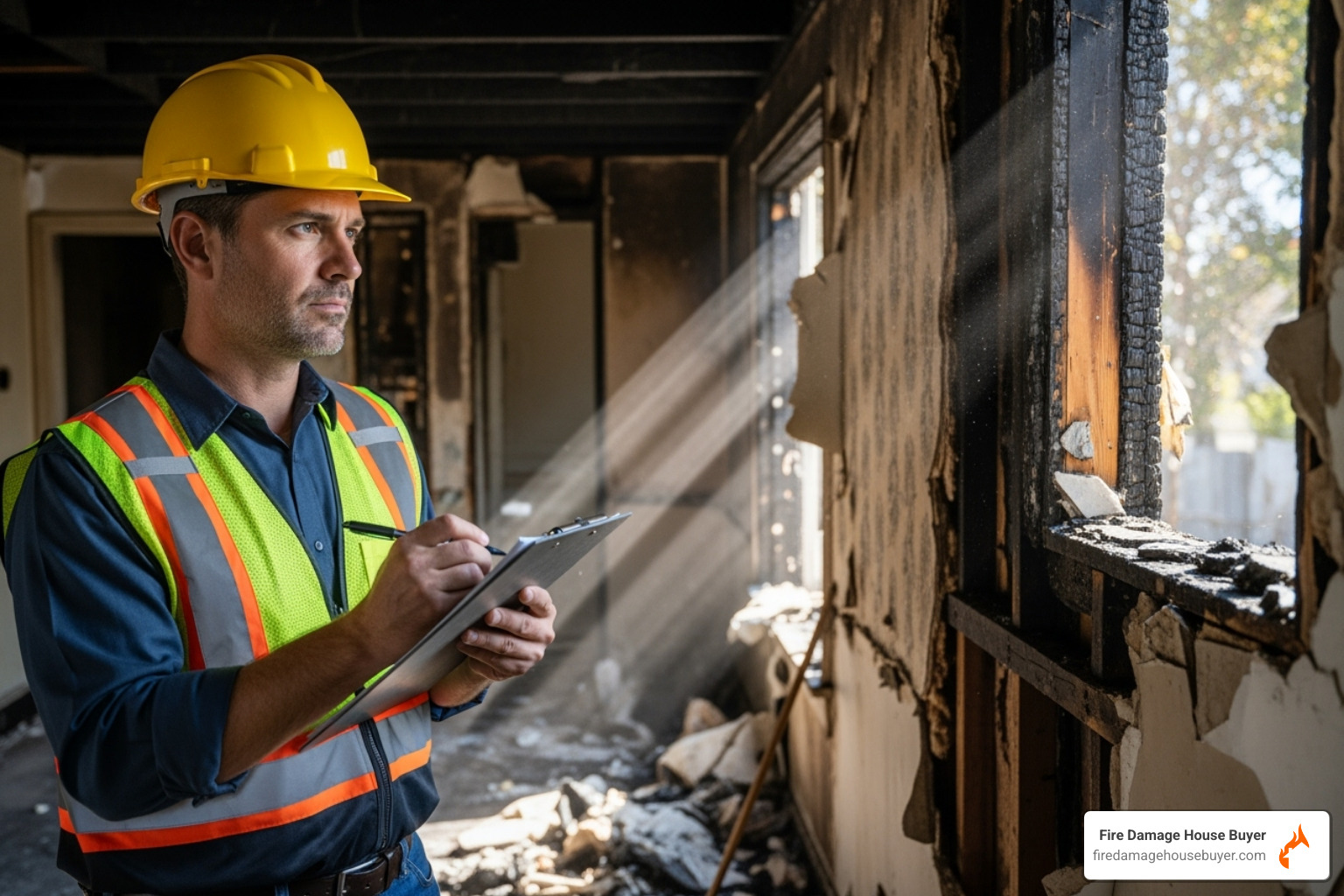 insurance adjuster inspecting fire damage - what happens to your mortgage if your house burns down​