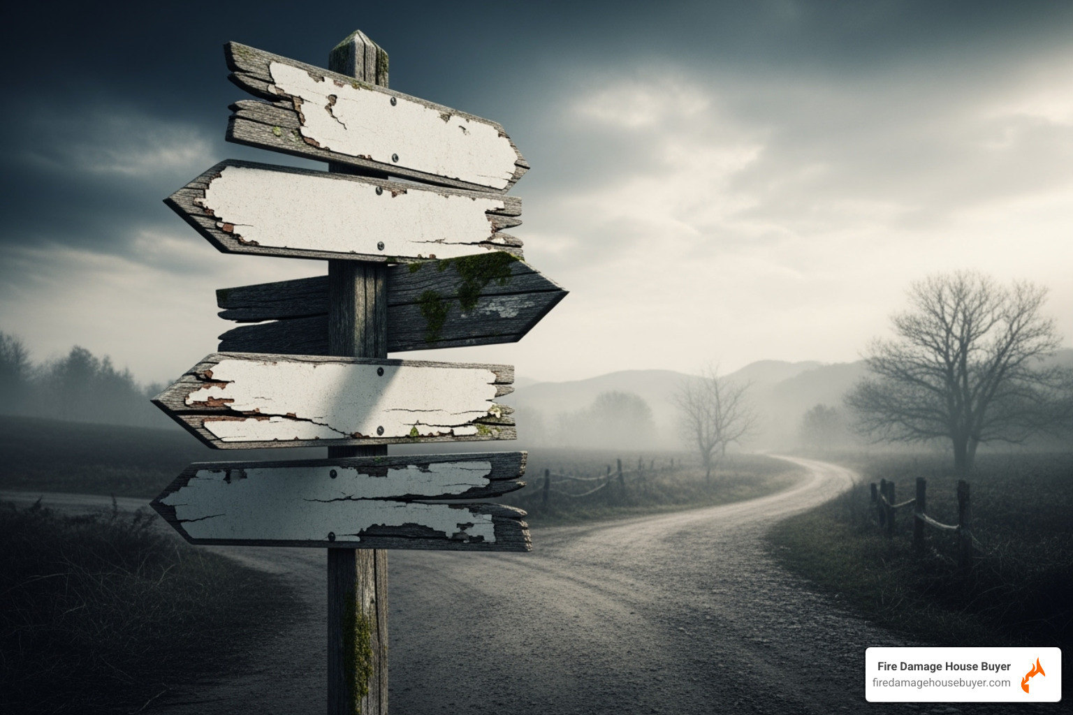 crossroads sign with arrows pointing to "Rebuild," "Pay Off," and "Sell" - what happens to your mortgage if your house burns down​