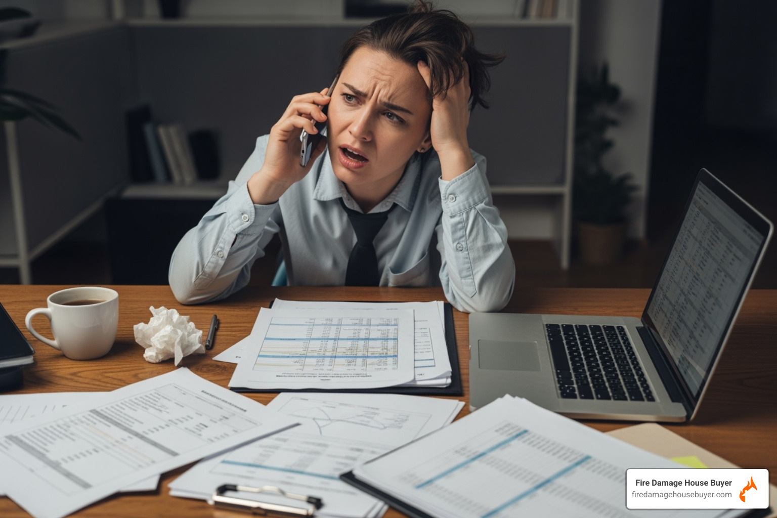 person on the phone looking stressed, with documents on a table - what happens to your mortgage if your house burns down​