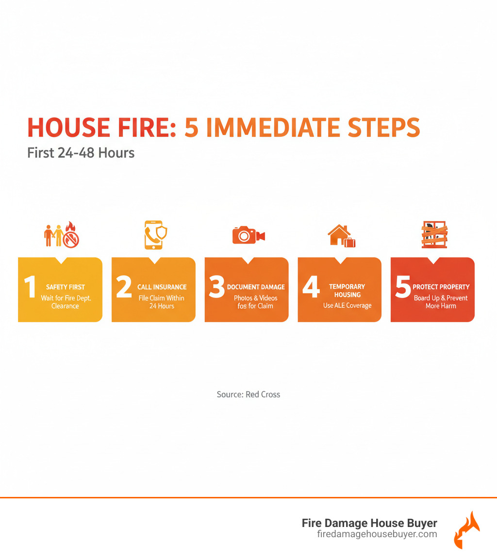 Comprehensive infographic showing the first 5 critical steps after a house fire. Comprehensive infographic showing the first 5 critical steps after a house fire.