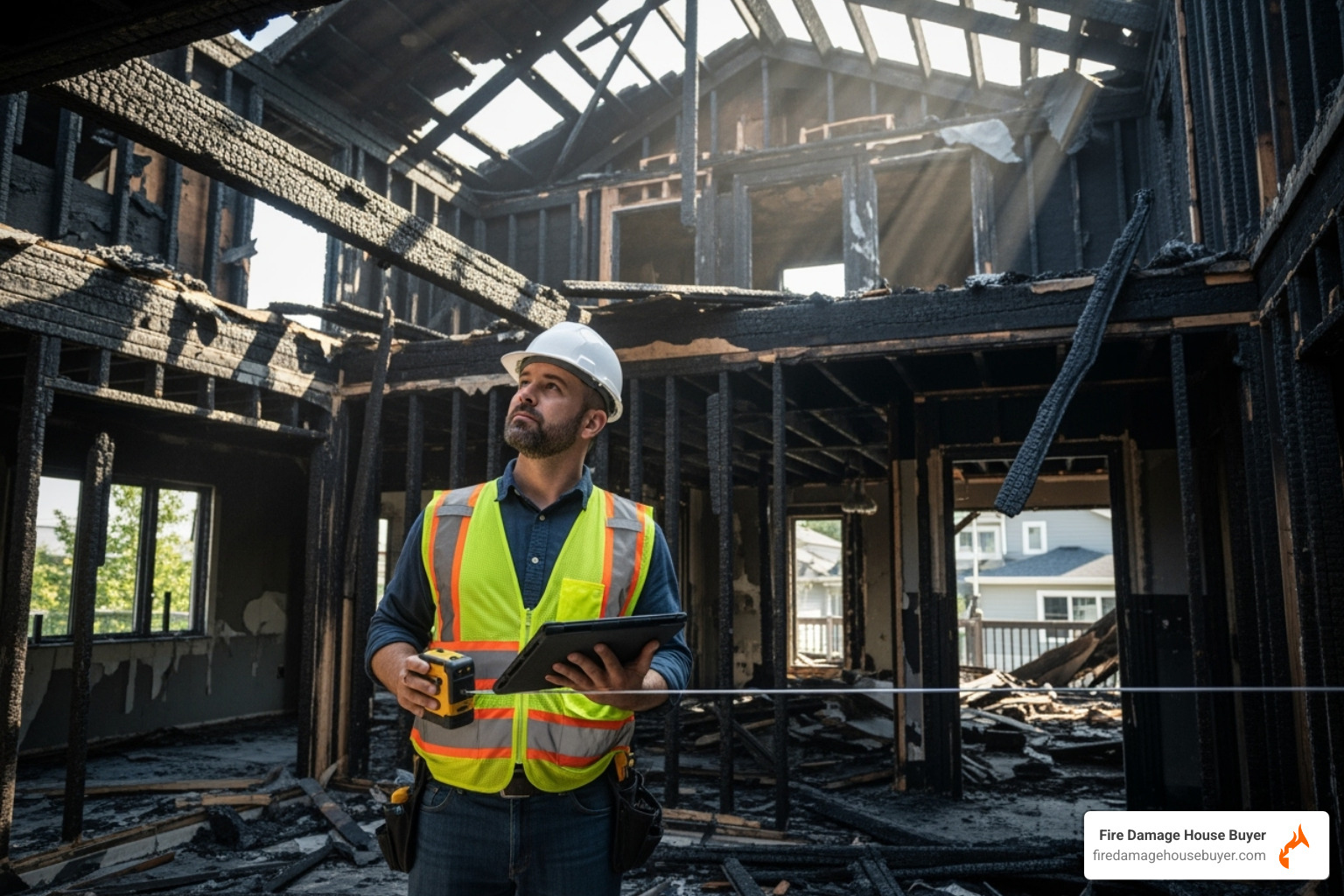 contractor assessing heavy structural fire damage - what to do if your house burns down contractor assessing heavy structural fire damage - what to do if your house burns down