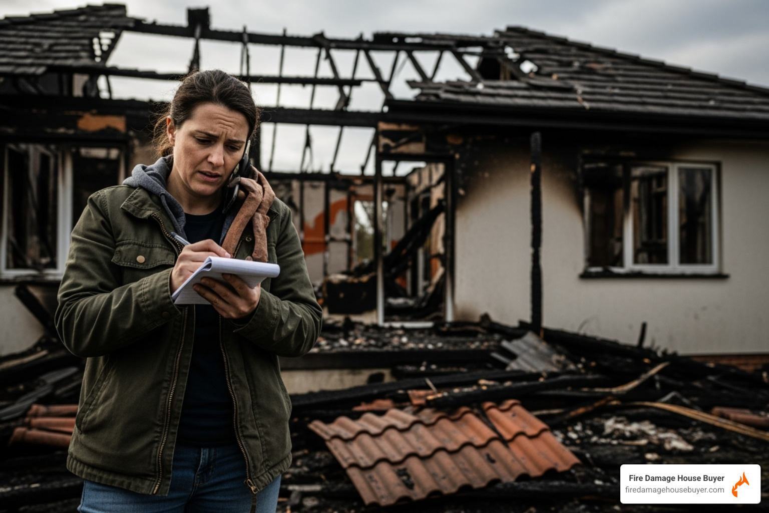 person on the phone taking notes, with a damaged home in the background - what to do if your house burns down person on the phone taking notes, with a damaged home in the background - what to do if your house burns down
