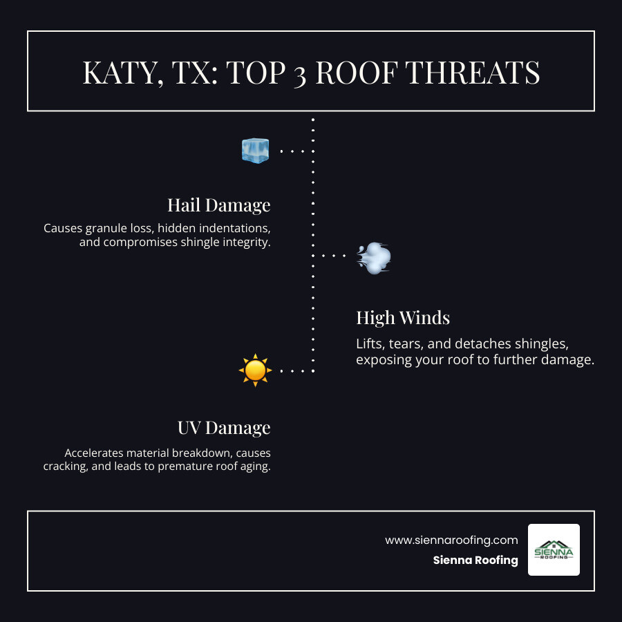 Infographic explaining the top 3 weather-related roof threats in Katy, TX: Hail damage causing granule loss and indentations, High winds lifting and tearing shingles, and UV damage leading to cracking and deterioration over time - roof inspection Katy TX infographic infographic-line-3-steps-dark