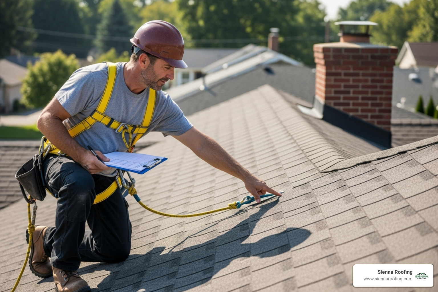 A professional roofing contractor wearing a safety harness is safely inspecting a roof with a checklist, carefully examining shingles and flashing - roof inspection Katy TX