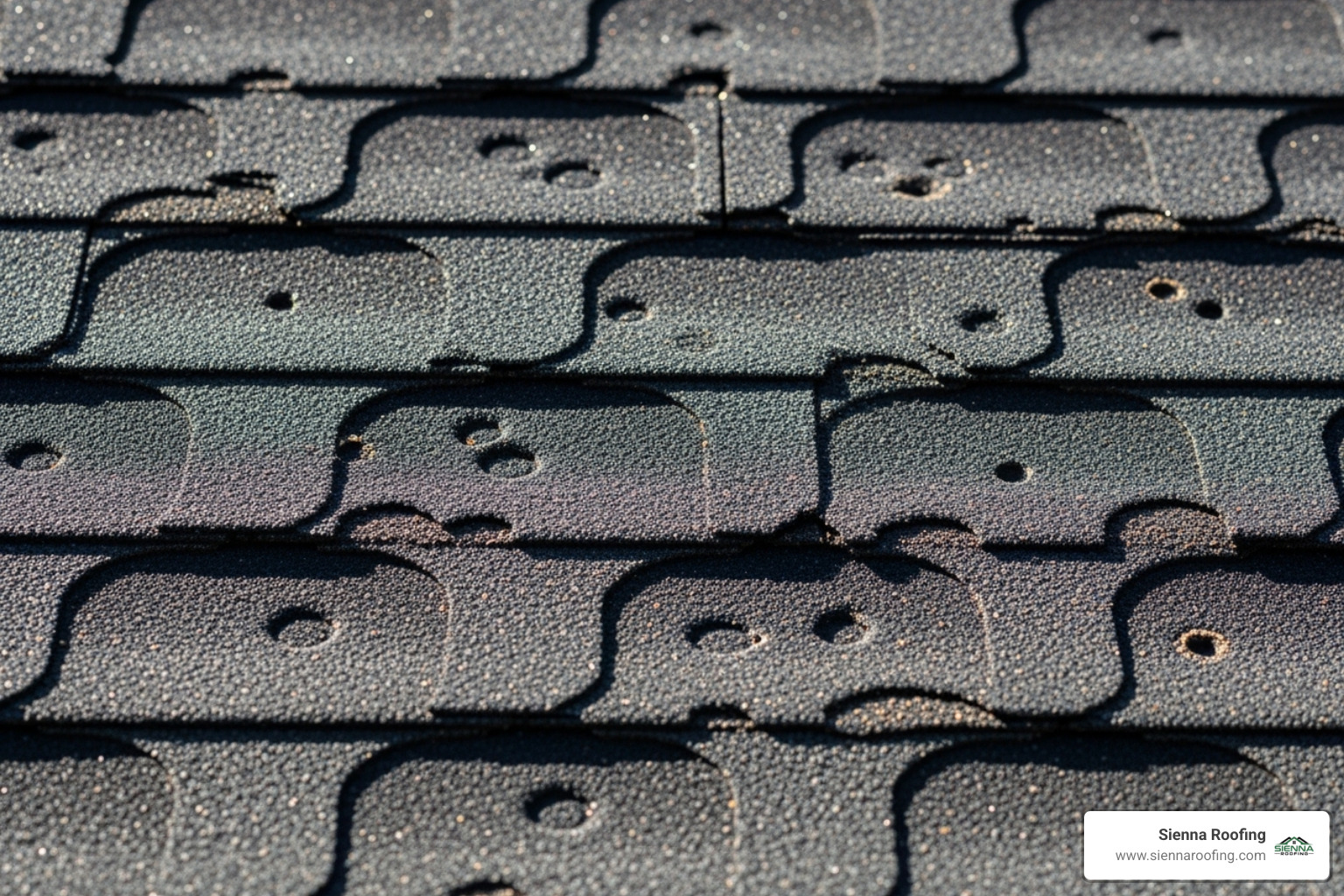 A close-up image of an asphalt shingle roof showing visible hail damage, including small indentations and granule loss - roof inspection Katy TX