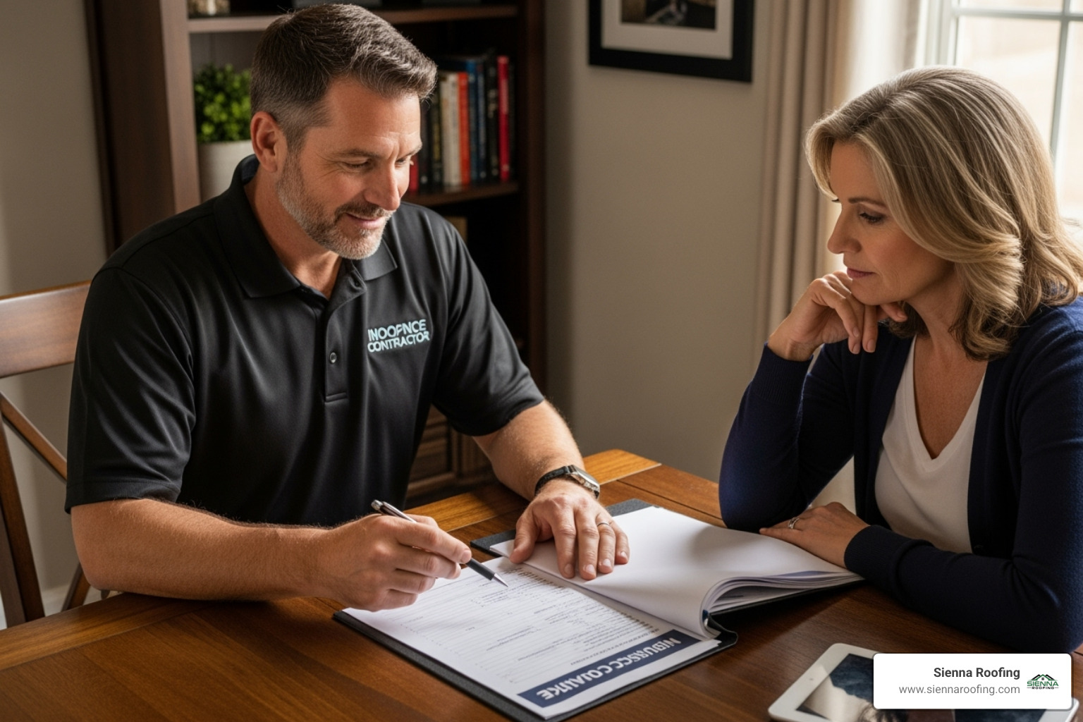 A homeowner reviewing an insurance claim form with a roofing contractor who is pointing to details on the document - roof inspection Katy TX