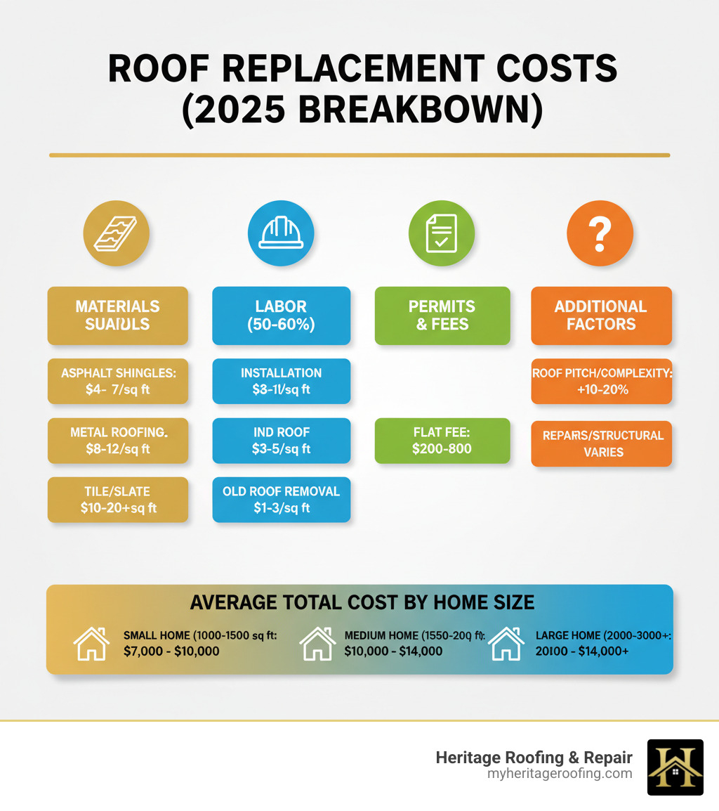 Comprehensive breakdown of roof replacement costs including materials, labor, permits, and additional factors with average price ranges for different home sizes - cost to roof a home infographic 