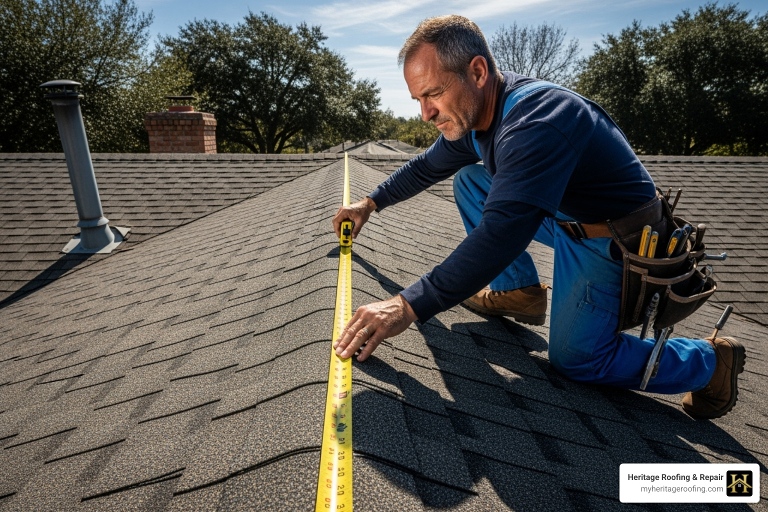 A roofer measuring a section of a roof with a tape measure - cost to roof a home