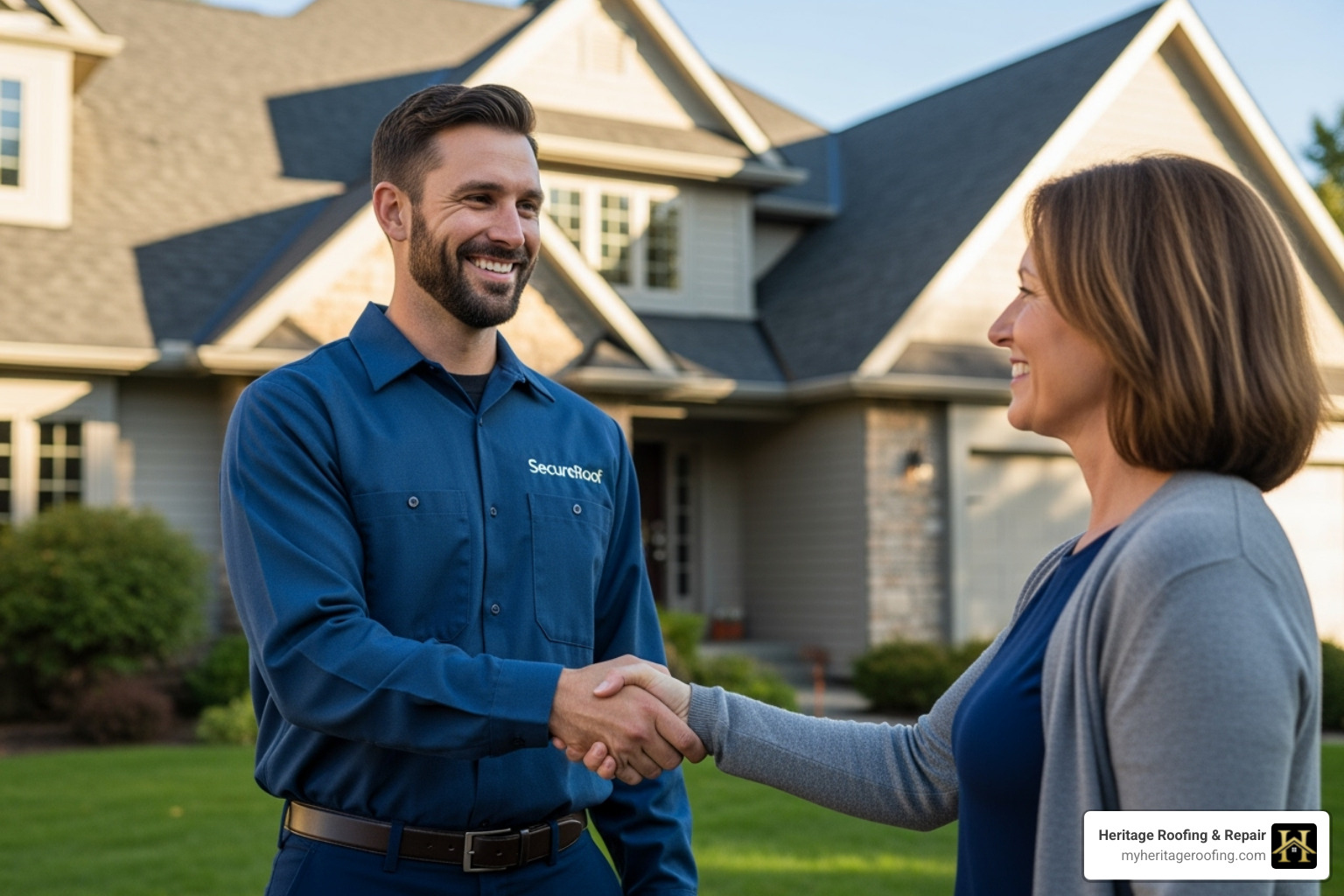 A friendly roofing contractor shaking hands with a homeowner, symbolizing trust and professionalism - cost to roof a home