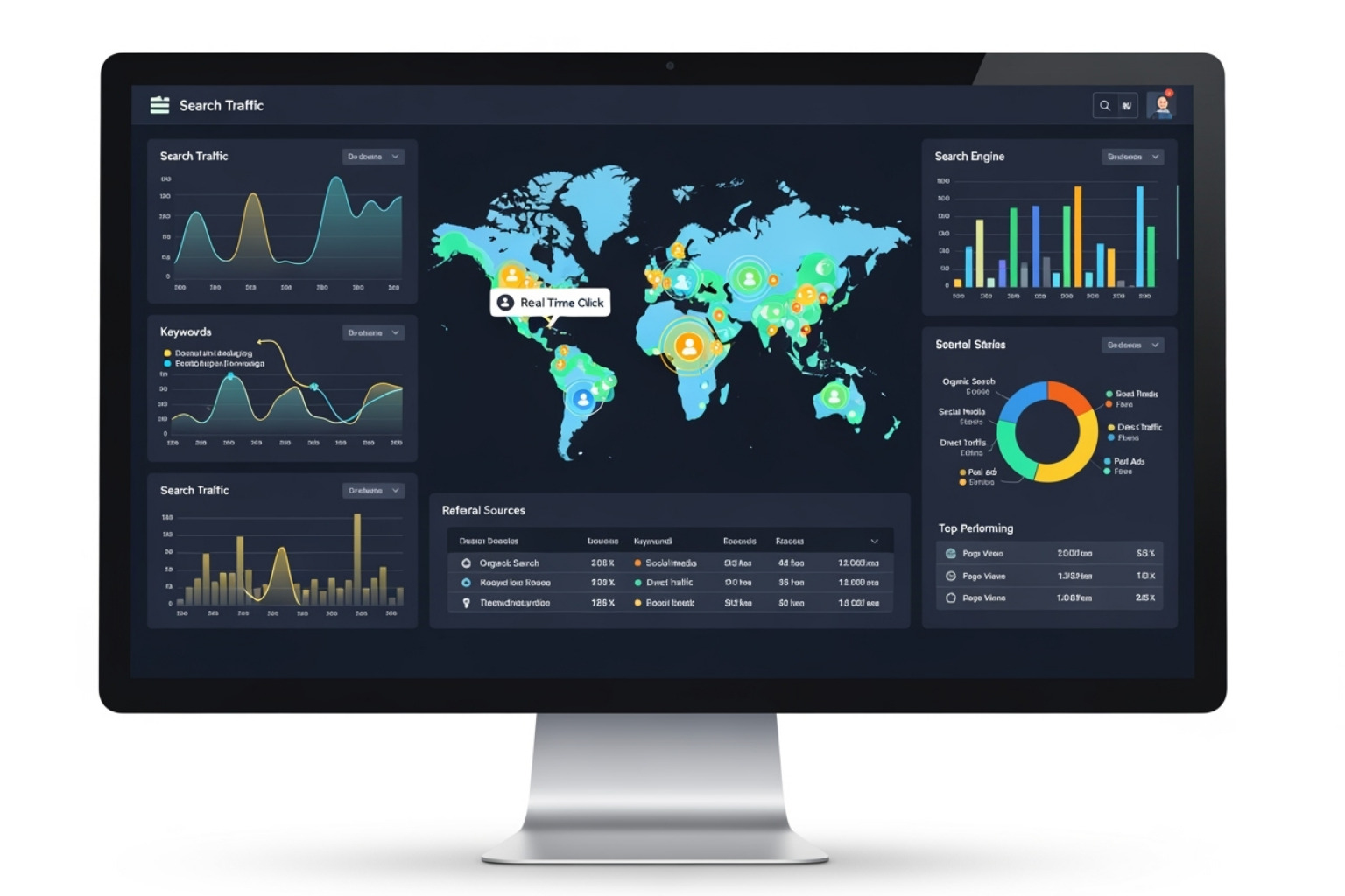 dashboard showing multiple data source integrations like Google Analytics and Search Console - White label SEO reports