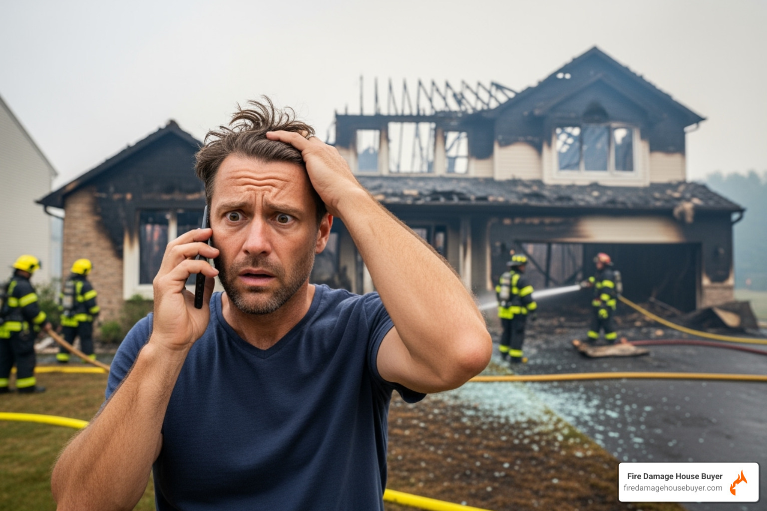 Homeowner on the phone looking stressed, with a damaged home in the background - how much does it cost to fix fire damaged house​