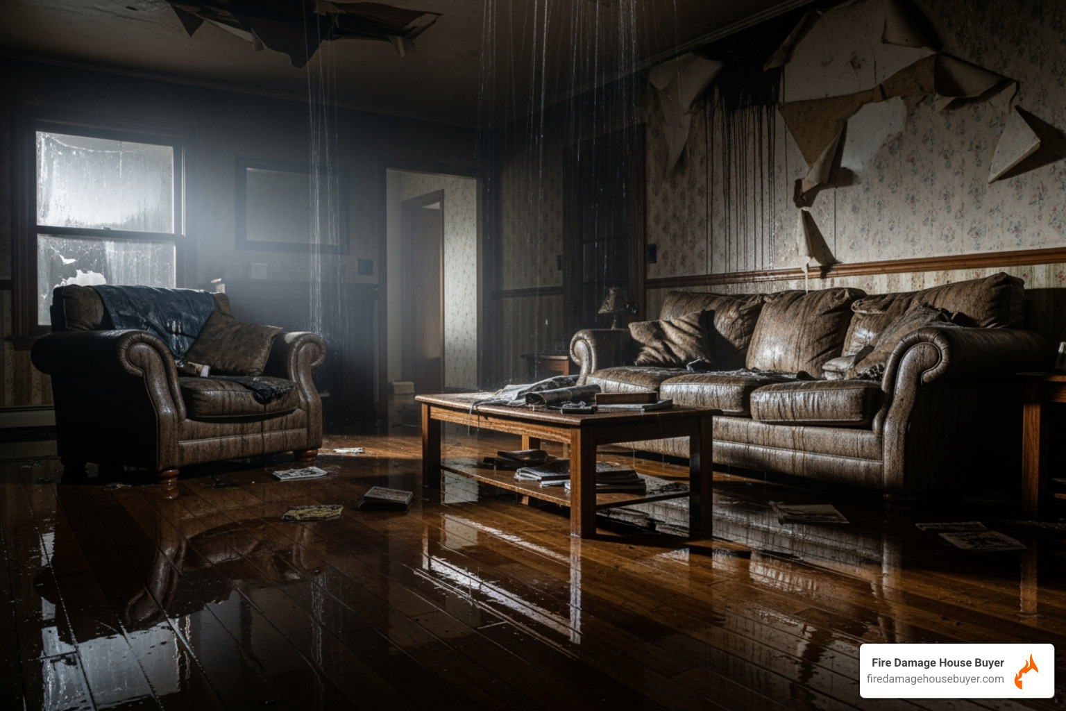 Water damaged interior from firefighting efforts - how much does it cost to fix fire damaged house​