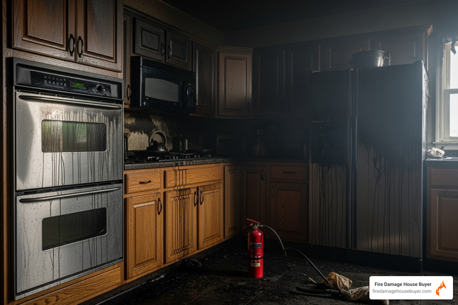 Kitchen after a grease fire, showing oily soot on cabinets and appliances - how much does it cost to fix fire damaged house​